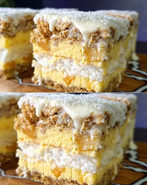 Orzechowo-kokosowa rozkosz z brzoskwiniami – warstwowe ciasto dla każdego łasucha