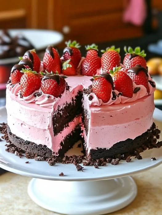 Rozkoszuj się tym niebiańskim czekoladowym sernikiem truskawkowym! To idealne połączenie kremowej, owocowej i czekoladowej dobroci.