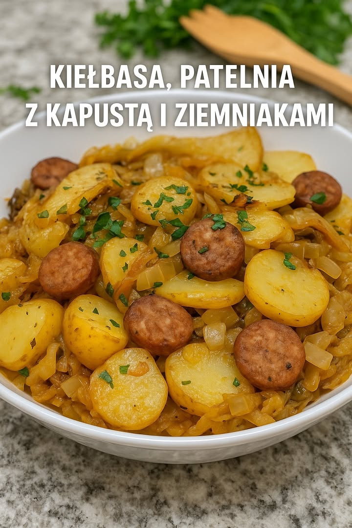 Kiełbasa, kapusta i ziemniaki na patelni