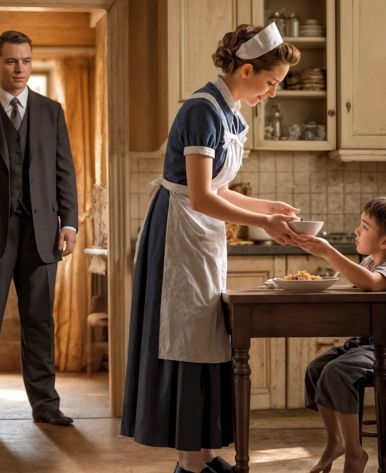 Pokojówka zaproponowała bezdomnemu dziecku talerz ciepłego jedzenia, świeżo przygotowanego w kuchni, mimo że wiązało się to z ryzykiem.