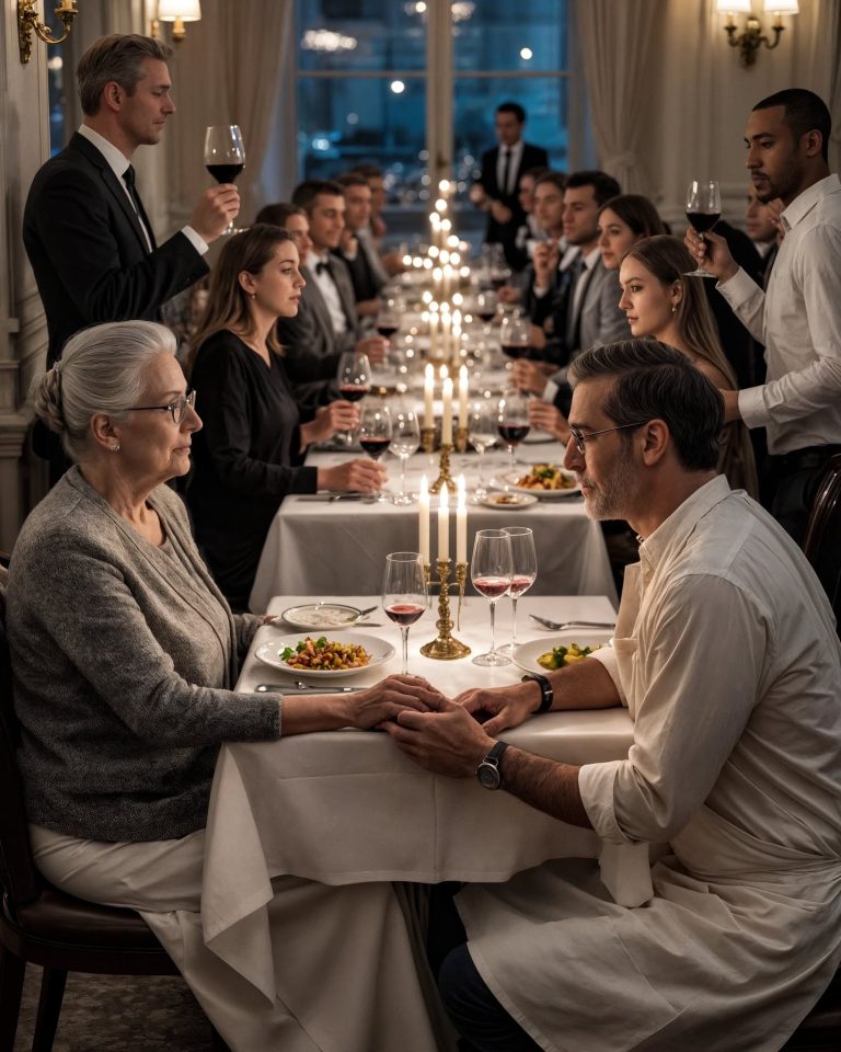 Starsza kobieta siedziała sama w pięciogwiazdkowej restauracji – klienci szemrali, że nie pasuje do tego miejsca. Ale kiedy właściciel wyszedł z kuchni, jego pierwsze słowa wprawiły w osłupienie całą salę.