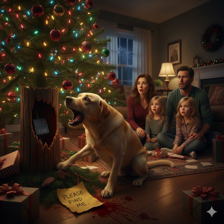 Rodzina otwierała prezenty w środku nocy, gdy ich labrador zaszczekał u podstawy choinki, drapiąc tak mocno, że jego łapa krwawiła. Kiedy sprawdzili, znaleźli…