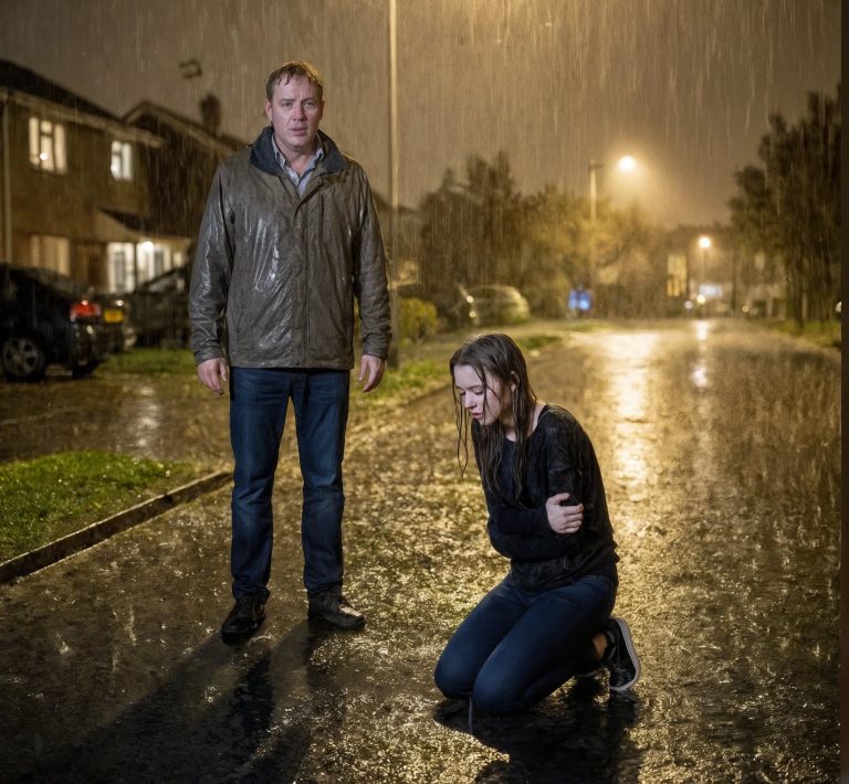 Znalazłam moją córkę klęczącą na deszczu, podczas gdy jej mąż „karzył” ją za kupno nowej sukienki. W środku słyszałam głośny śmiech jej męża i rodziny. Podniosłam ją na nogi, kopniakiem otworzyłam drzwi i wypowiedziałam pięć słów, których nigdy nie zapomną.